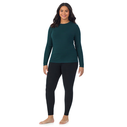 Navy Green Stripe; Model is wearing size 1X. She is 5'11", Bust 36", Waist 36.5", Hips 47.5". @A lady wearing a navy green stripe long sleeve crew plus.