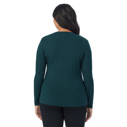 Navy Green Stripe; Model is wearing size 1X. She is 5'11", Bust 36", Waist 36.5", Hips 47.5". @A lady wearing a navy green stripe long sleeve crew plus.