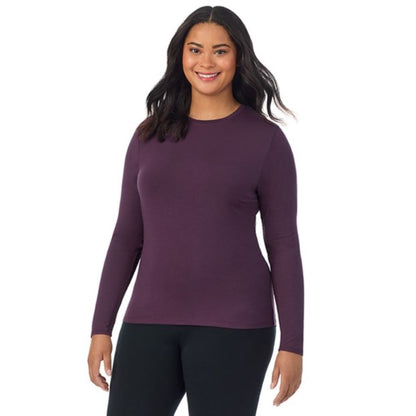 Boysenberry; Model is wearing size 1X. She is 5'11", Bust 36", Waist 36.5", Hips 47.5". @A lady wearing a boysenberry long sleeve crew plus.