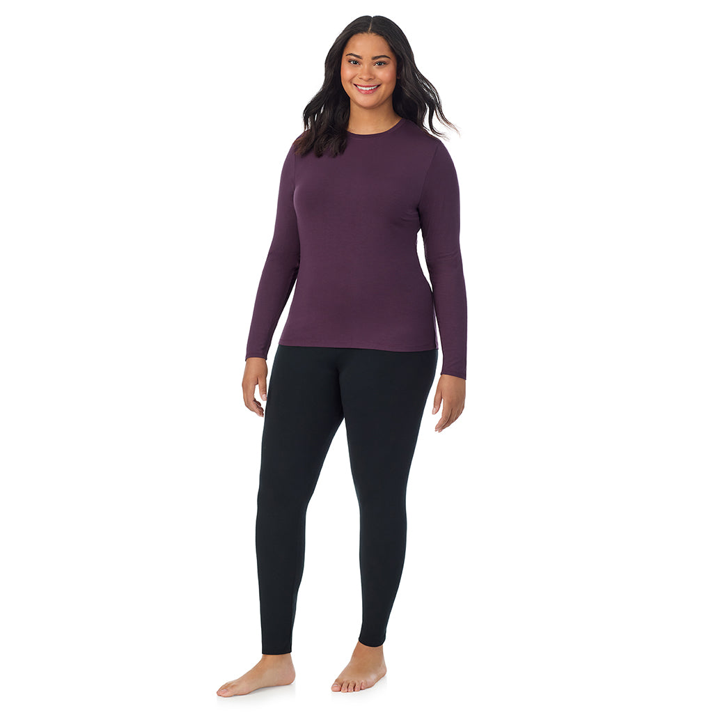 Boysenberry; Model is wearing size 1X. She is 5'11", Bust 36", Waist 36.5", Hips 47.5". @A lady wearing a boysenberry long sleeve crew plus.