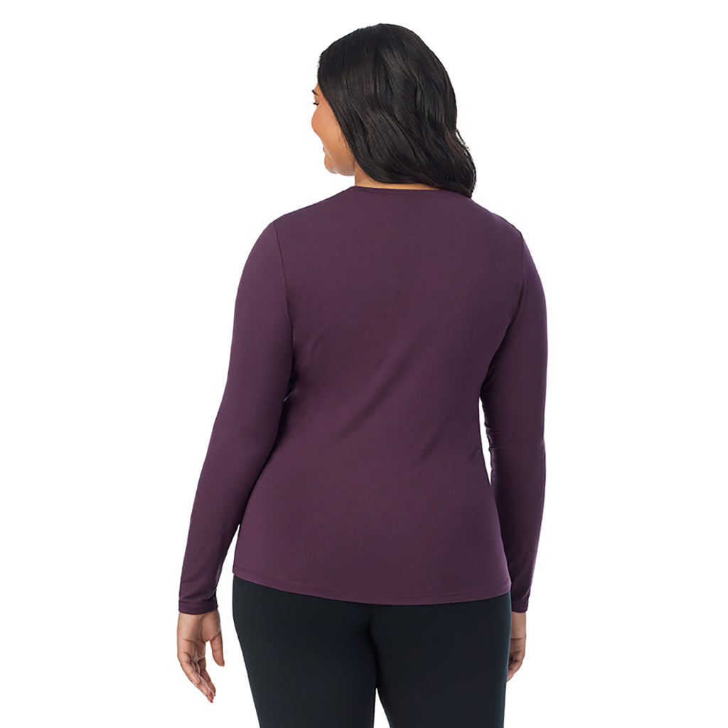 Boysenberry; Model is wearing size 1X. She is 5'11", Bust 36", Waist 36.5", Hips 47.5". @A lady wearing a boysenberry long sleeve crew plus.