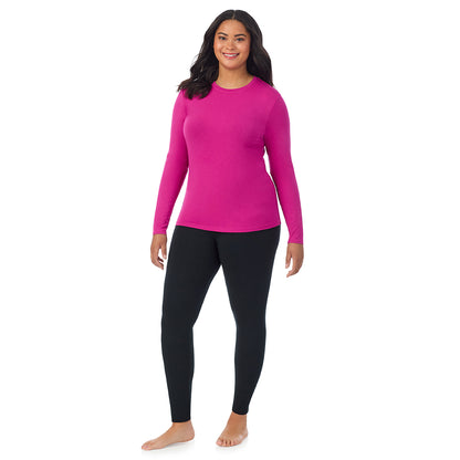 Deep Fuschia; Model is wearing size 1X. She is 5'11", Bust 36", Waist 36.5", Hips 47.5". @A lady wearing a deep fuschia long sleeve crew plus.