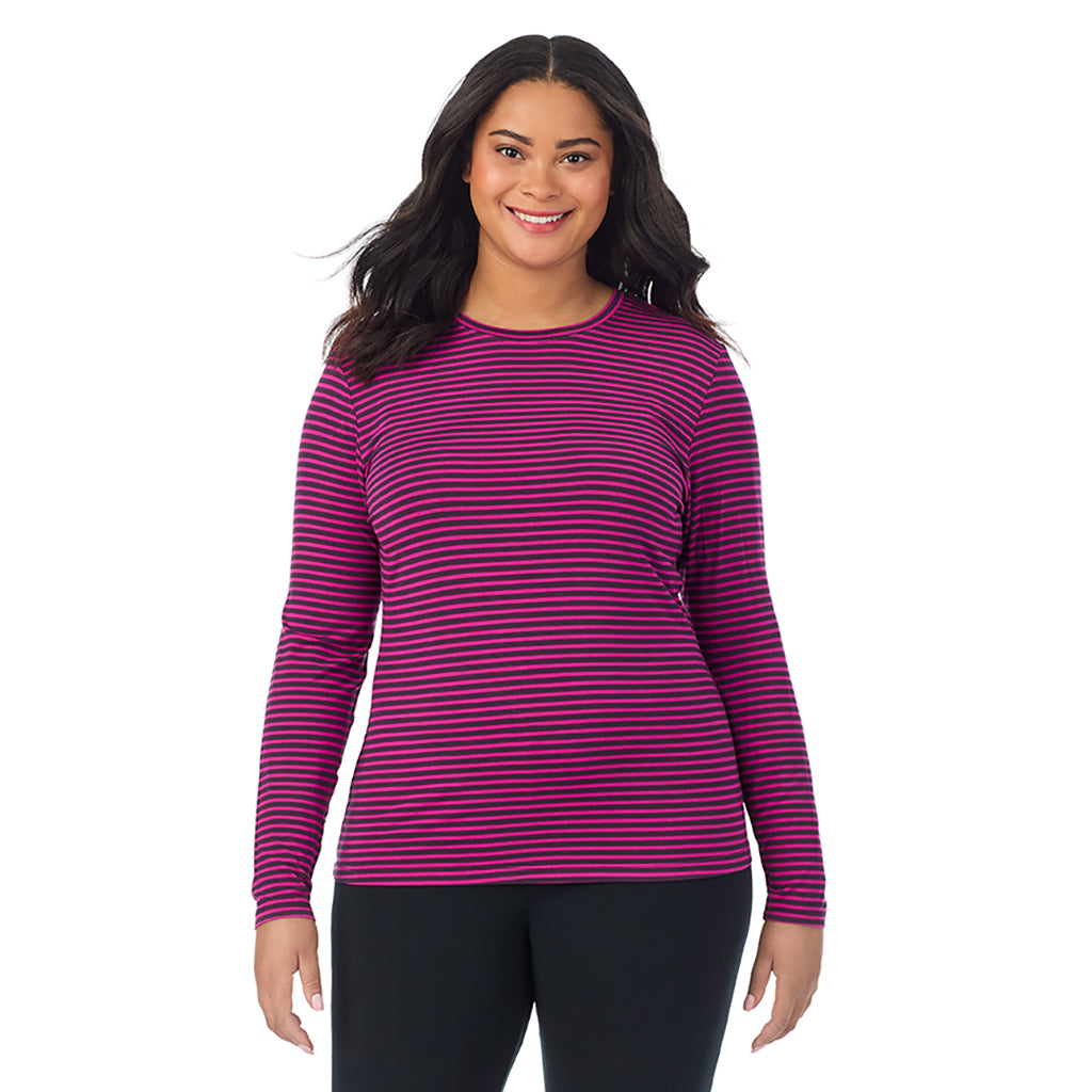 Fuchsia Stripe; Model is wearing size 1X. She is 5'11", Bust 36", Waist 36.5", Hips 47.5". @A lady wearing a fuchsia stripe long sleeve crew plus.