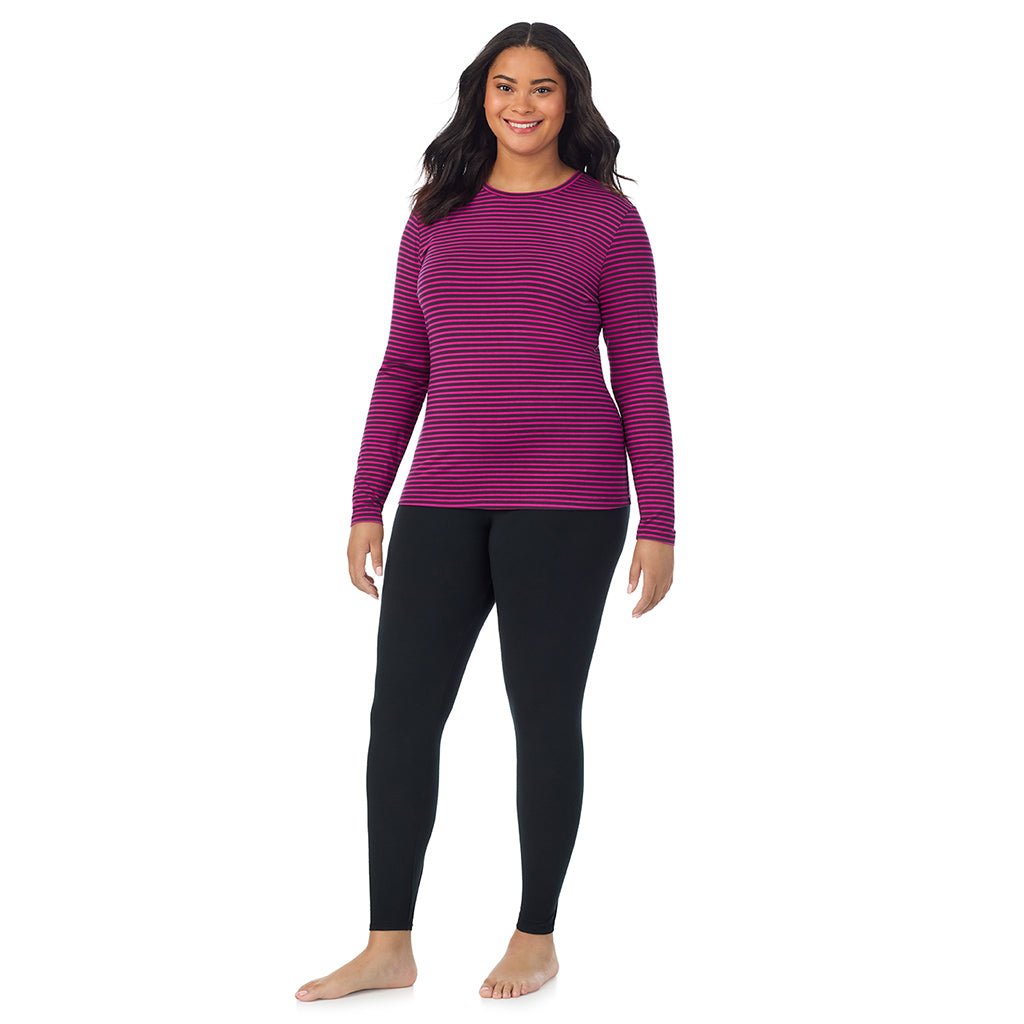 Fuchsia Stripe; Model is wearing size 1X. She is 5'11", Bust 36", Waist 36.5", Hips 47.5". @A lady wearing a fuchsia stripe long sleeve crew plus.