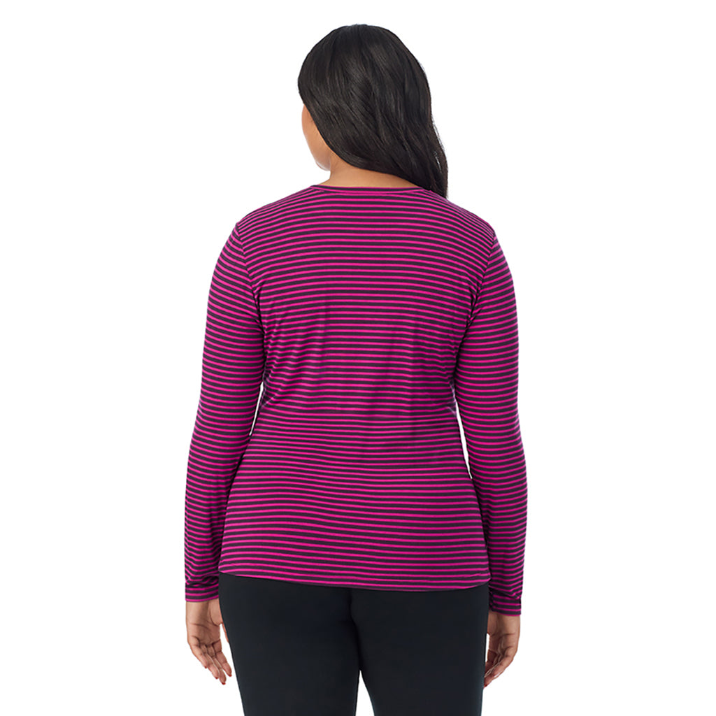 Fuchsia Stripe; Model is wearing size 1X. She is 5'11", Bust 36", Waist 36.5", Hips 47.5". @A lady wearing a fuchsia stripe long sleeve crew plus.