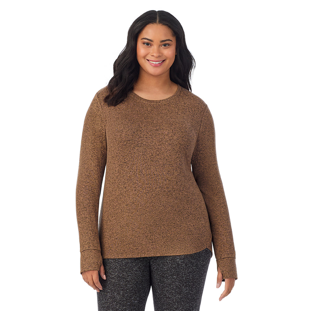 A Lady is wearing Marled Pecan Soft Knit Long Sleeve Crew PLUS