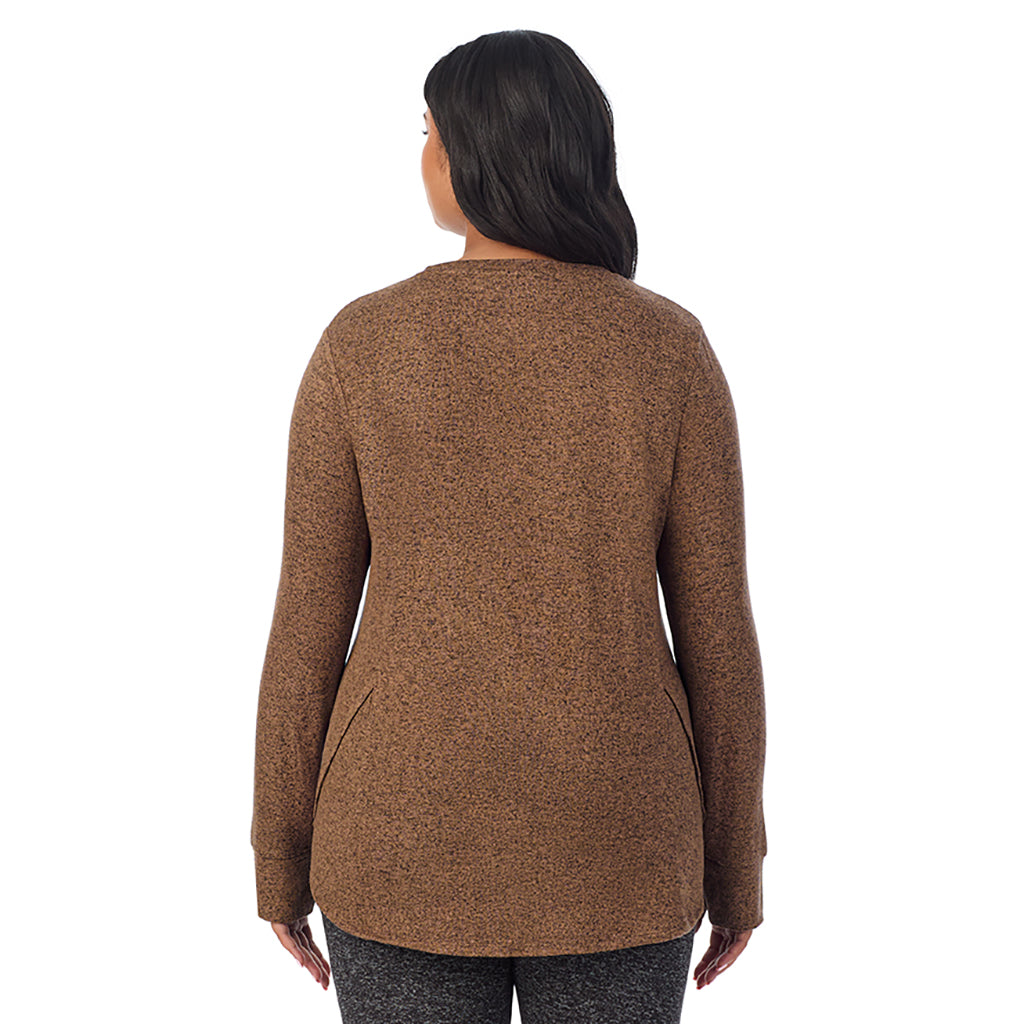 Marled Pecan; Model is wearing size 1X. She is 5'11", Bust 36", Waist 36.5", Hips 47.5"@ A Lady is wearing Marled Pecan Soft Knit Long Sleeve Crew PLUS