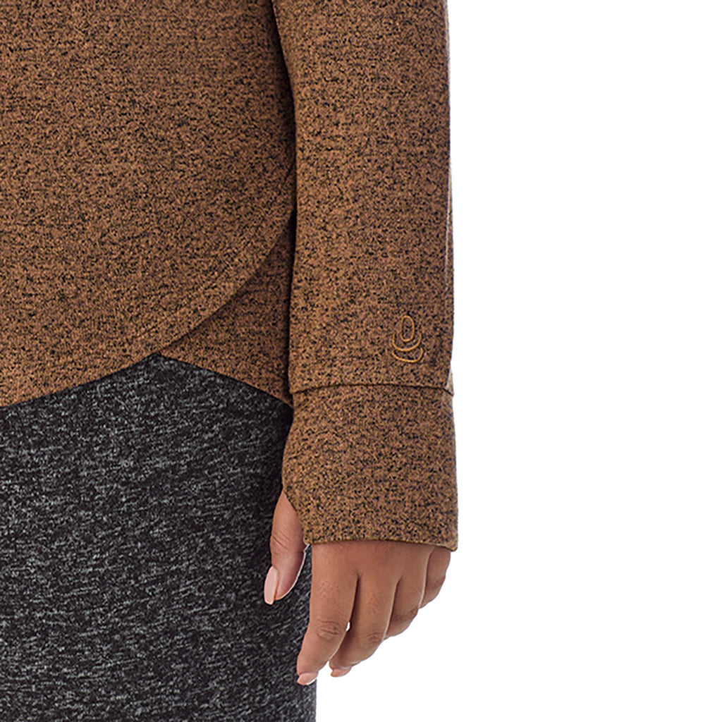 Marled Pecan; Model is wearing size 1X. She is 5'11", Bust 36", Waist 36.5", Hips 47.5"@ A Lady is wearing Marled Pecan Soft Knit Long Sleeve Crew PLUS