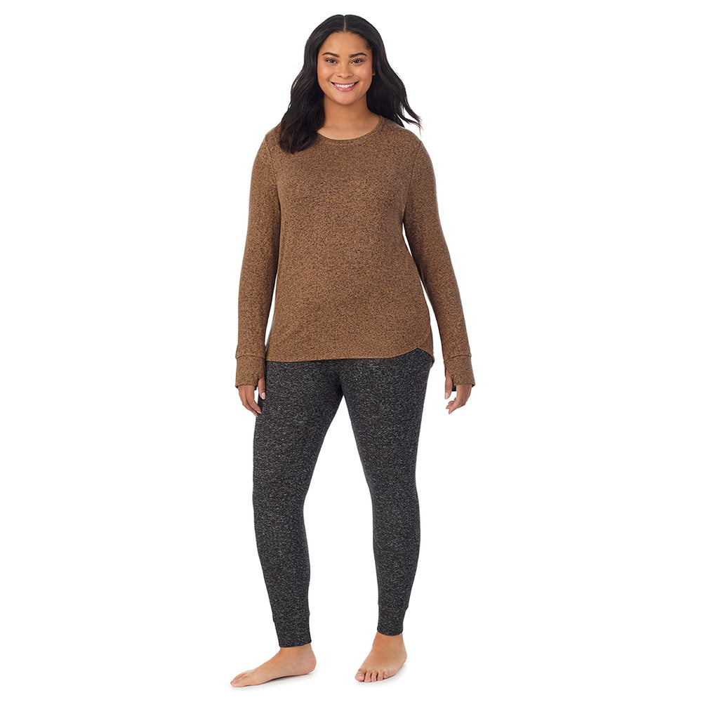 A Lady is wearing Marled Pecan Soft Knit Long Sleeve Crew PLUS