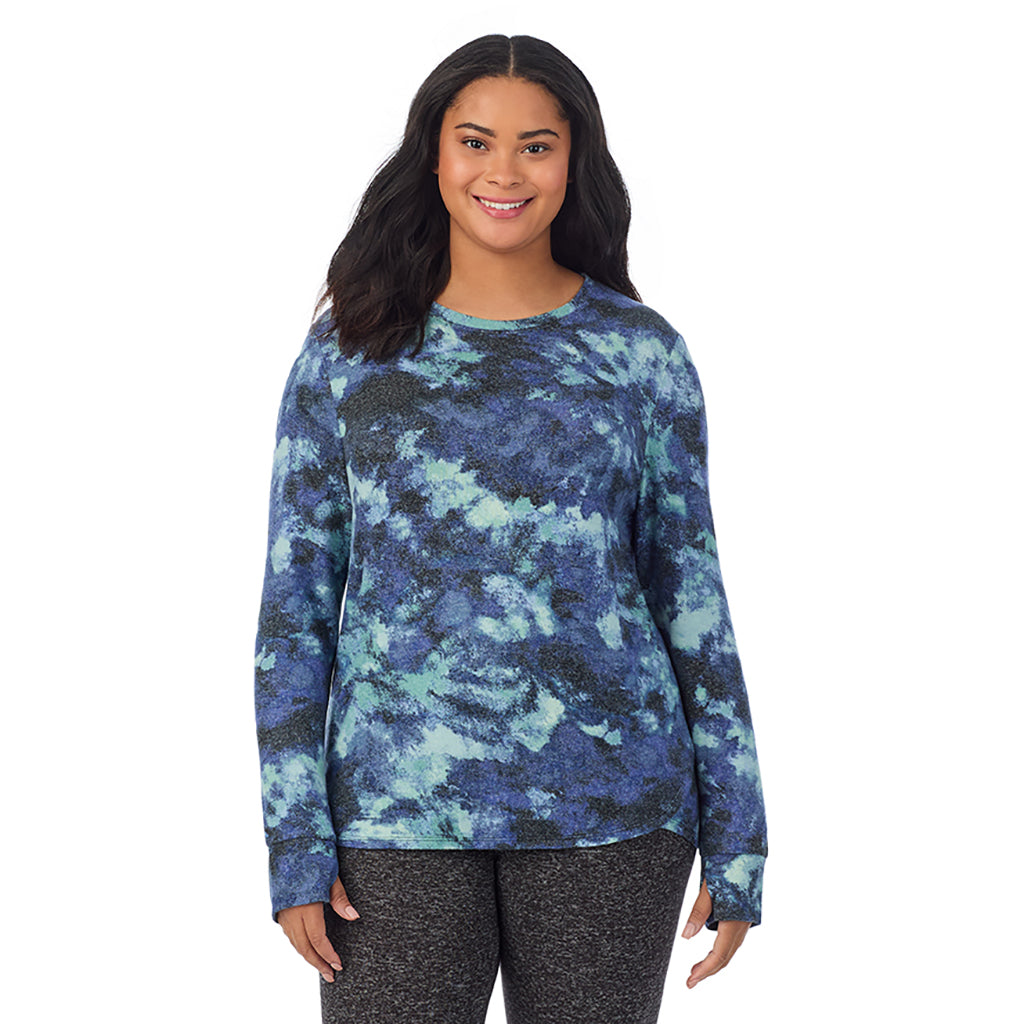  A Lady is wearing Blue Texture Soft Knit Long Sleeve Crew PLUS