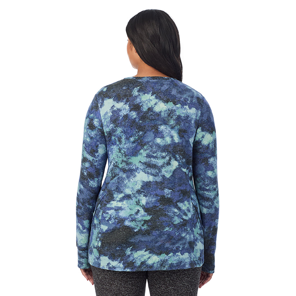  A Lady is wearing Blue Texture Soft Knit Long Sleeve Crew PLUS