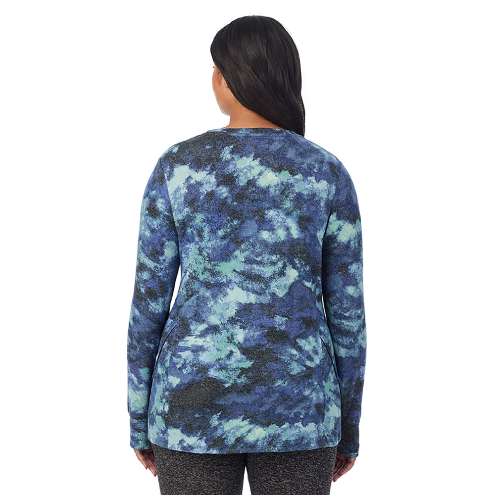 A Lady is wearing Blue Texture Soft Knit Long Sleeve Crew PLUS
