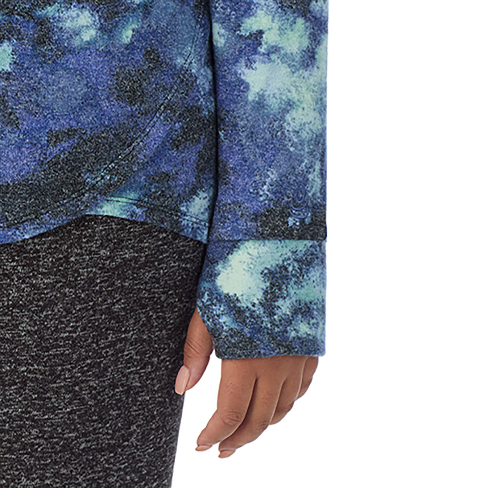 A Lady is wearing Blue Texture Soft Knit Long Sleeve Crew PLUS