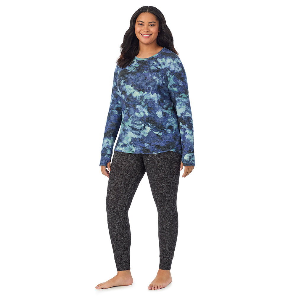 A Lady is wearing Blue Texture Soft Knit Long Sleeve Crew PLUS