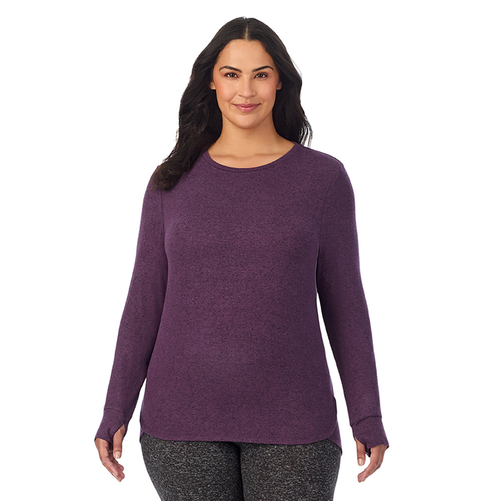 A Lady is wearing Marled Boysenberry Soft Knit Long Sleeve Crew PLUS