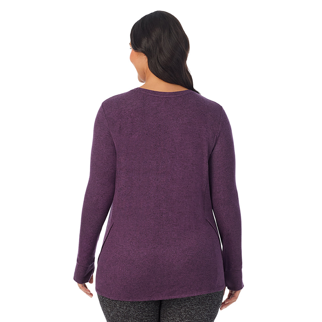  A Lady is wearing Marled Boysenberry Soft Knit Long Sleeve Crew PLUS