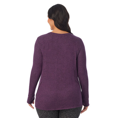 Marled Boysenberry; Model is wearing size 1X. She is 5'10", Bust 40", Waist 33", Hips 47"@ A Lady is wearing Marled Boysenberry Soft Knit Long Sleeve Crew PLUS