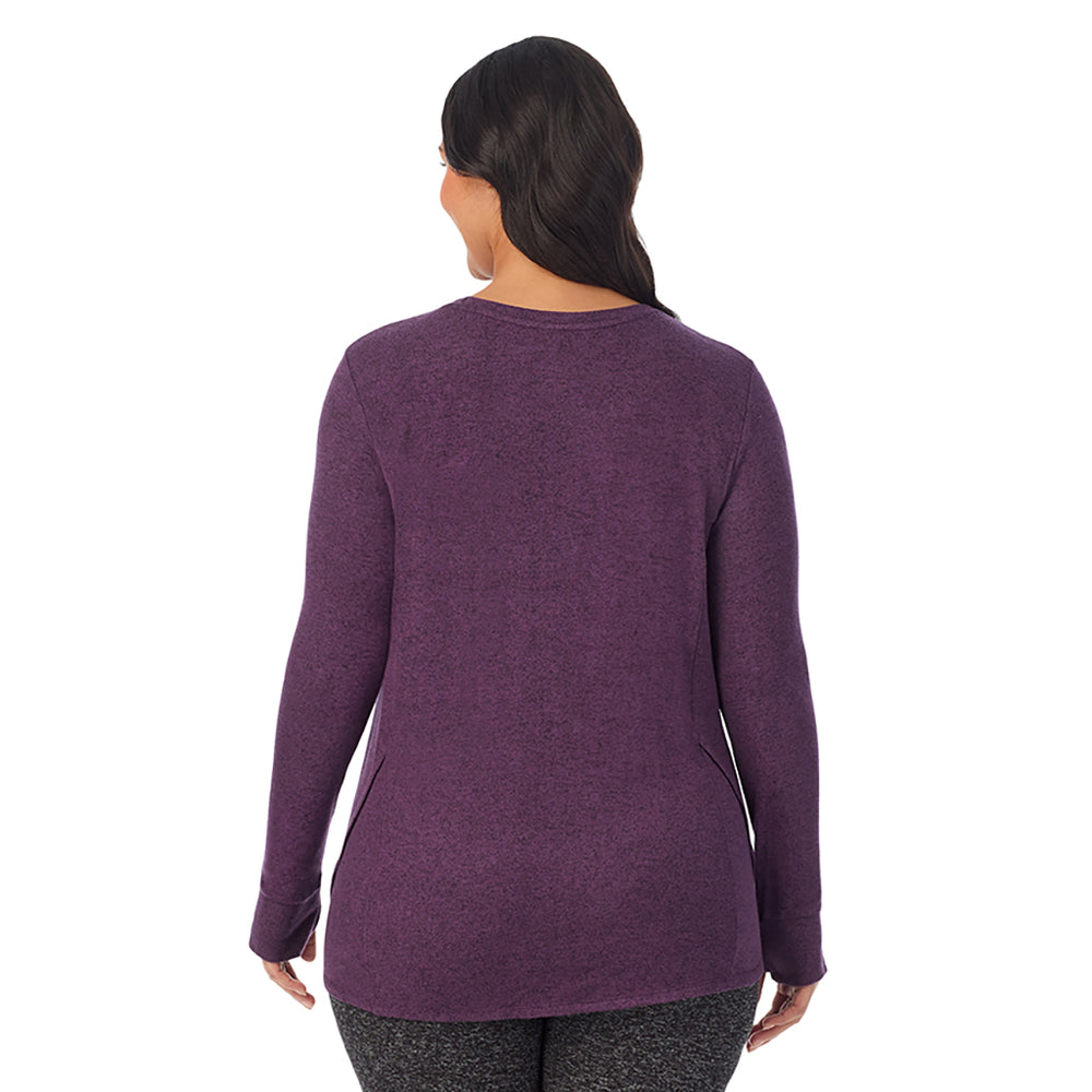 A Lady is wearing Marled Boysenberry Soft Knit Long Sleeve Crew PLUS