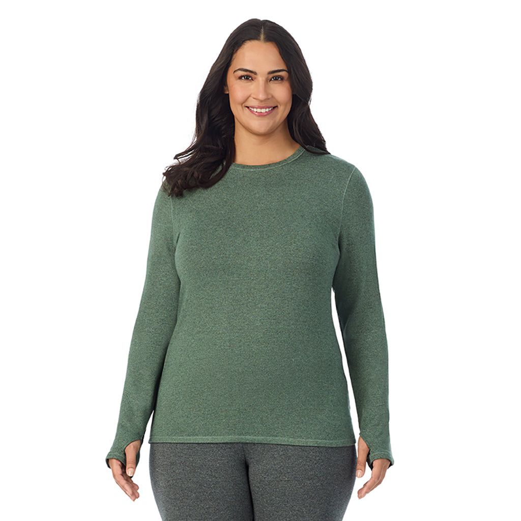 Soft Olive Heather;Model is wearing size 1X. Model is wearing size 1X. She is 5'10", Bust 40", Waist 33", Hips 47"..@ A lady wearing soft olive heather Ultra Cozy Long Sleeve Crew PLUS