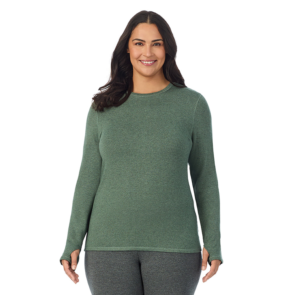 A lady wearing soft olive heather Ultra Cozy Long Sleeve Crew PLUS
