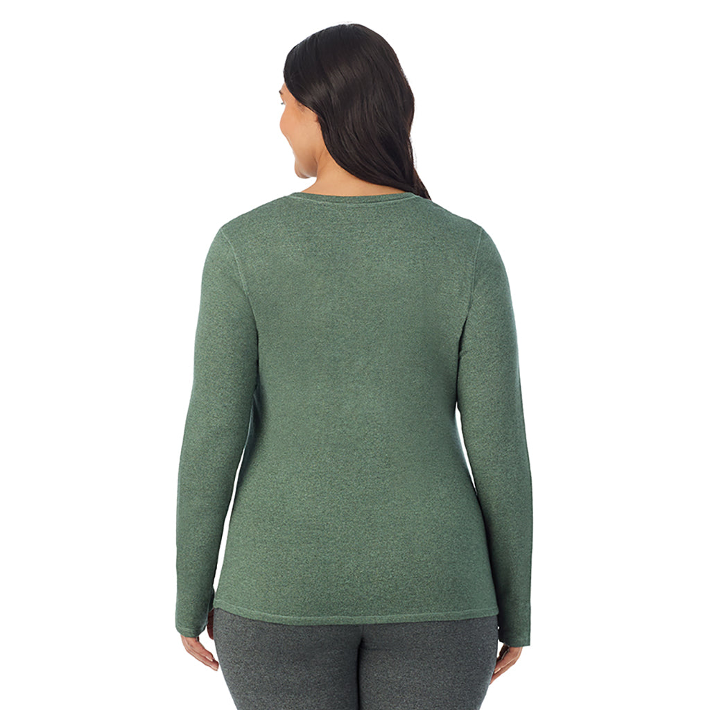 Soft Olive Heather;Model is wearing size 1X. Model is wearing size 1X. She is 5'10", Bust 40", Waist 33", Hips 47"..@ A lady wearing soft olive heather Ultra Cozy Long Sleeve Crew PLUS