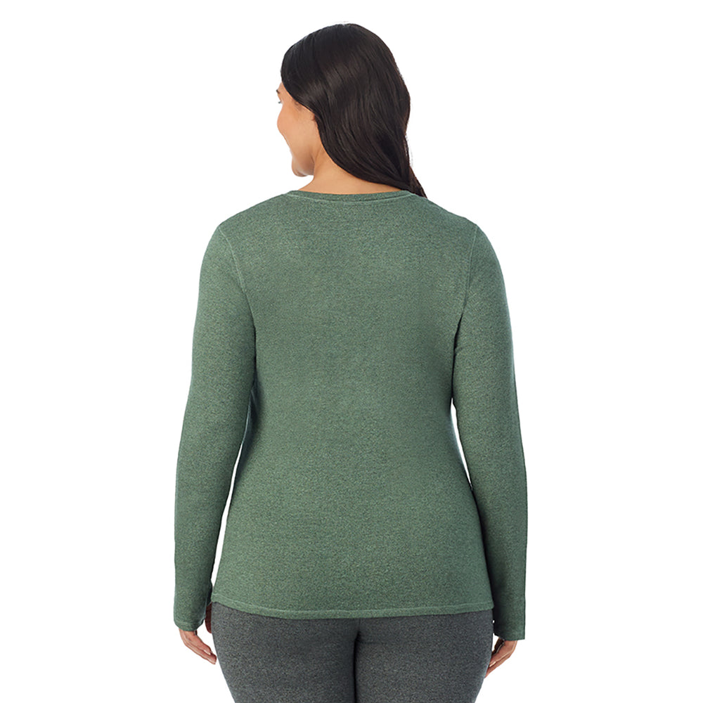 A lady wearing soft olive heather Ultra Cozy Long Sleeve Crew PLUS