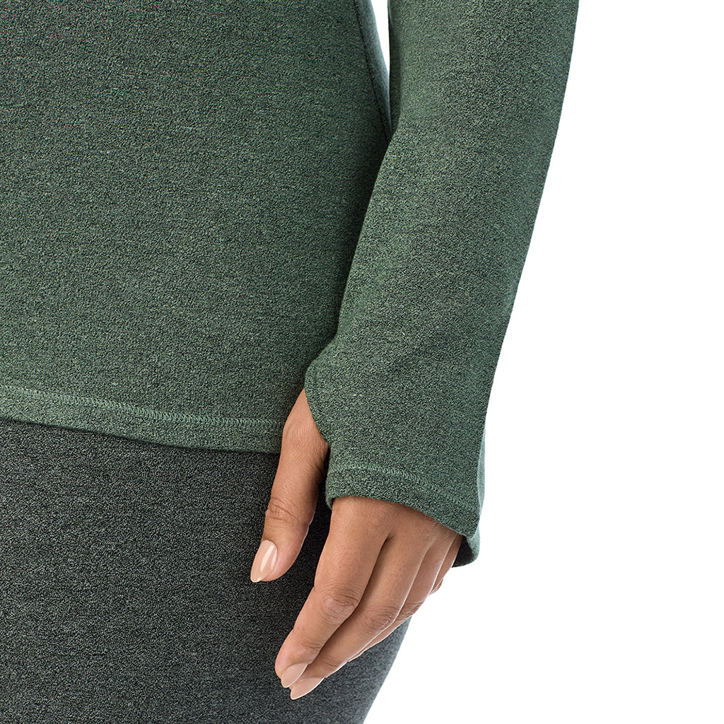  A lady wearing soft olive heather Ultra Cozy Long Sleeve Crew PLUS