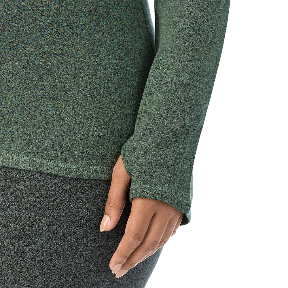 A lady wearing soft olive heather Ultra Cozy Long Sleeve Crew PLUS