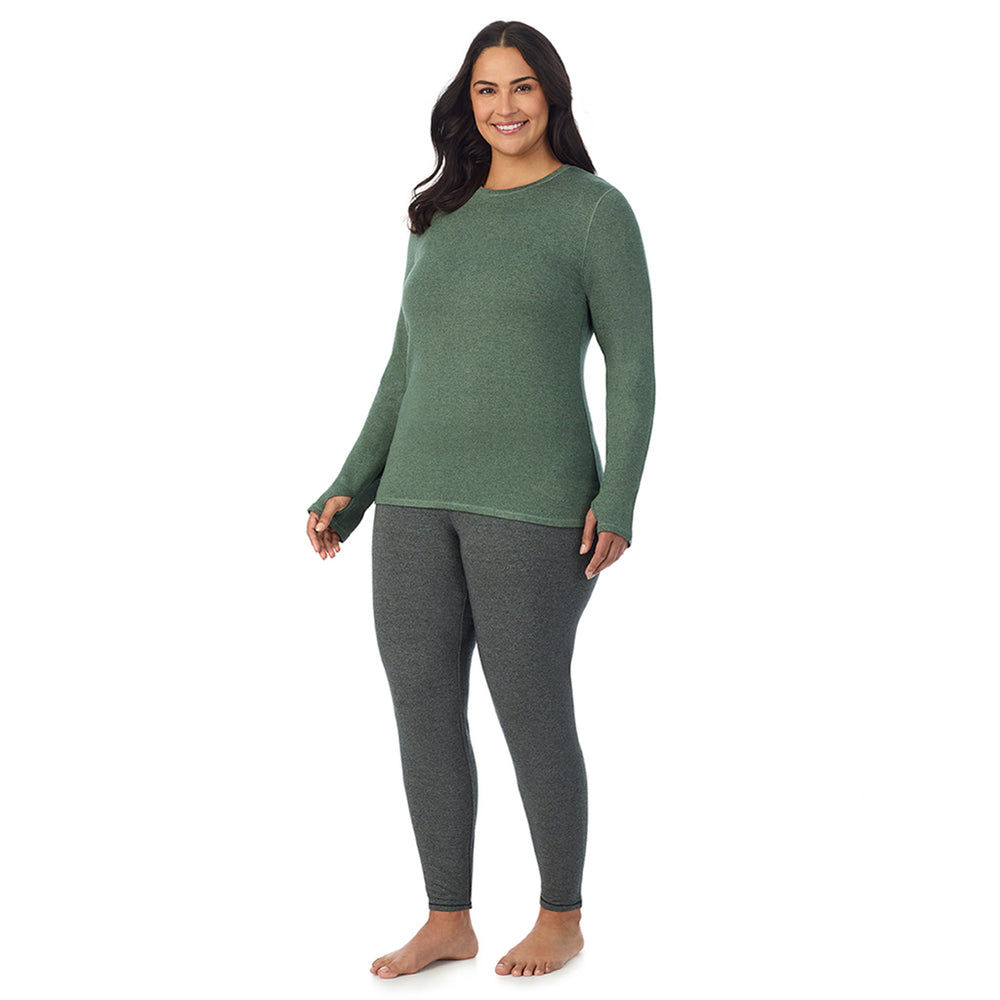 A lady wearing soft olive heather Ultra Cozy Long Sleeve Crew PLUS