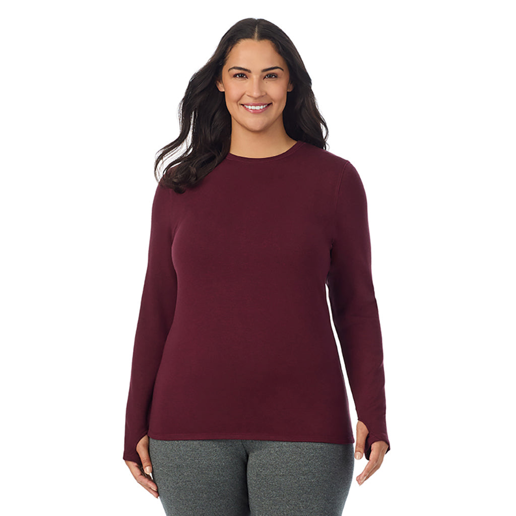  A lady wearing carbernet heather Ultra Cozy Long Sleeve Crew PLUS