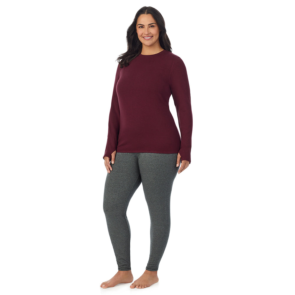 A lady wearing carbernet heather Ultra Cozy Long Sleeve Crew PLUS