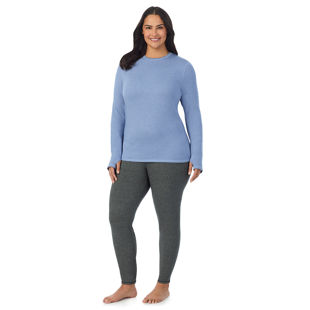  A lady wearing smoke blue heather Ultra Cozy Long Sleeve Crew PLUS