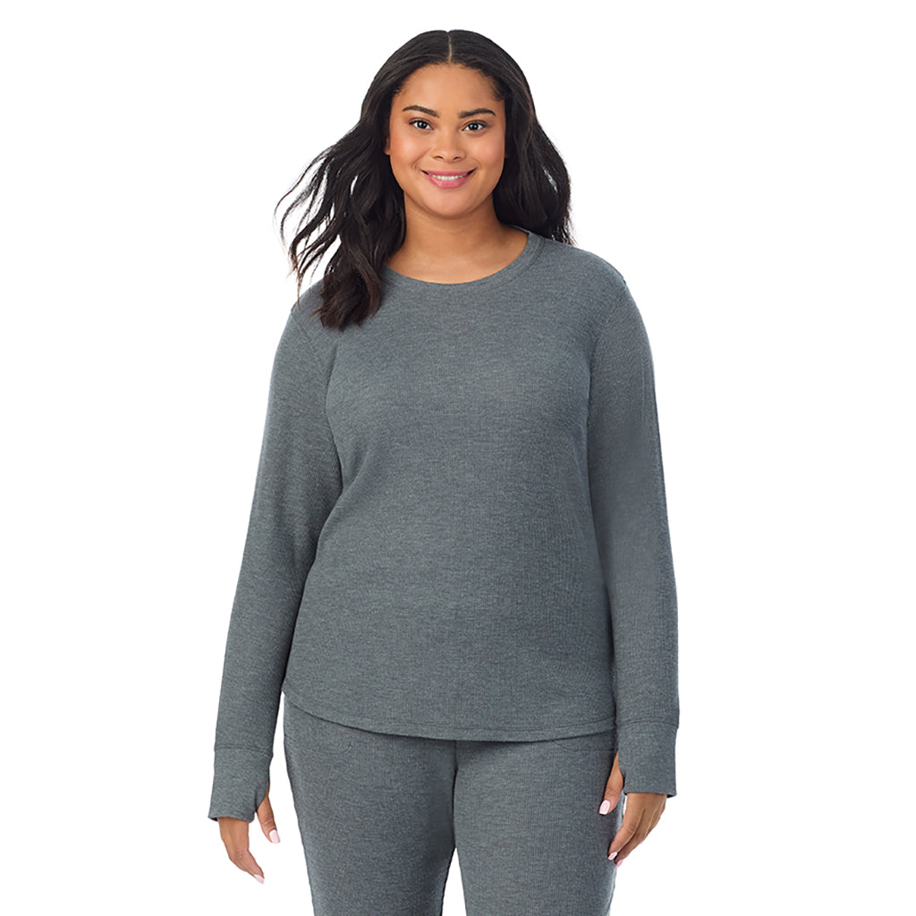 A lady wearing Cozy Stretch Thermal Long Sleeve Crew PLUS in Stone Grey Heather  