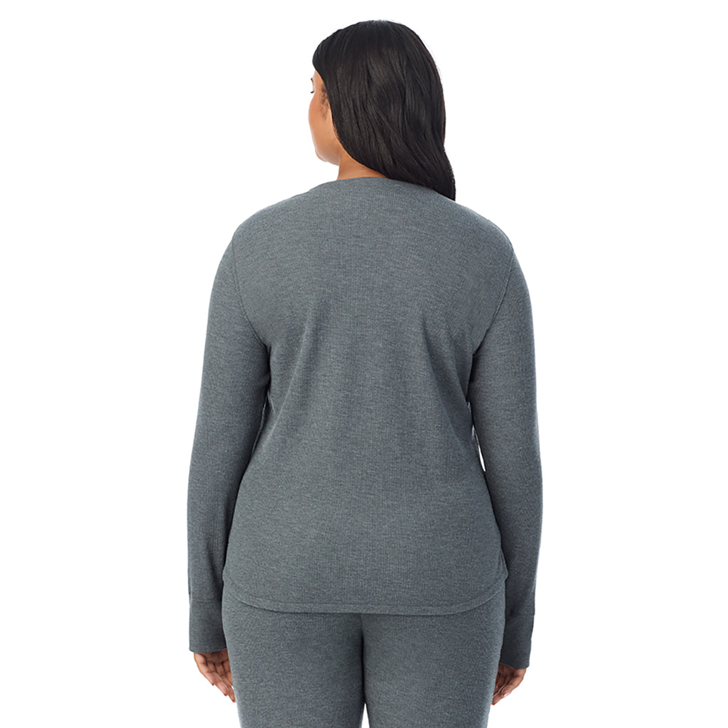  A Lady is wearing Stone Grey Heather Cozy Stretch Thermal Long Sleeve Crew PLUS