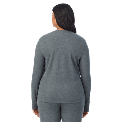 Stone Grey Heather; Model is wearing size 1X. She is 5'11", Bust 36", Waist 36.5", Hips 47.5"@ A Lady is wearing Stone Grey Heather Cozy Stretch Thermal Long Sleeve Crew PLUS