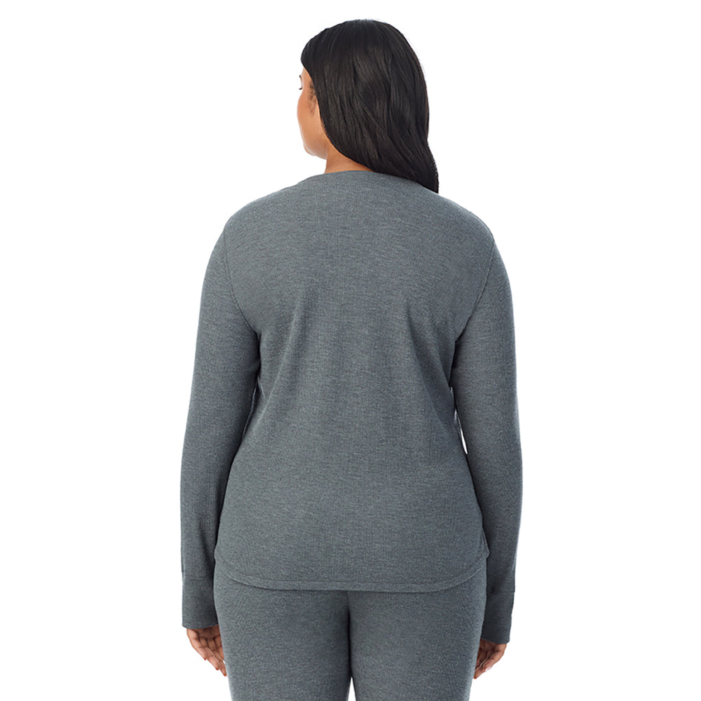 A lady wearing Cozy Stretch Thermal Long Sleeve Crew PLUS in Stone Grey Heather side view side view