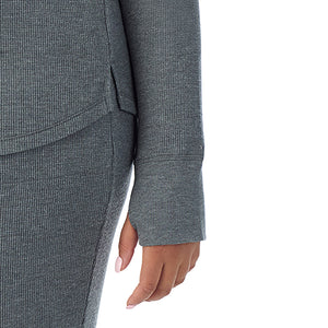 A lady wearing Cozy Stretch Thermal Long Sleeve Crew PLUS in Stone Grey Heather close up close up