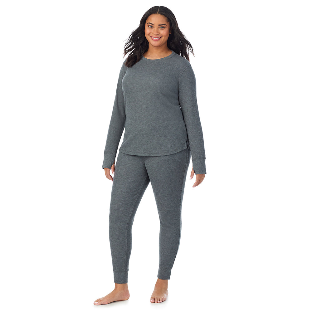 A lady wearing Cozy Stretch Thermal Long Sleeve Crew PLUS in Stone Grey Heather back view back view