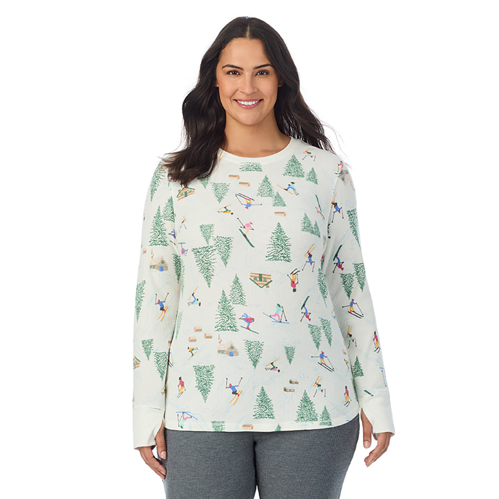  A Lady is wearing Ski Chalet Cozy Stretch Thermal Long Sleeve Crew PLUS