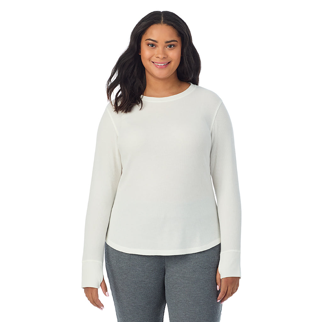 Ivory; Model is wearing size 1X. She is 5'11", Bust 36", Waist 36.5", Hips 47.5"@ A Lady is wearing Ivory Cozy Stretch Thermal Long Sleeve Crew PLUS