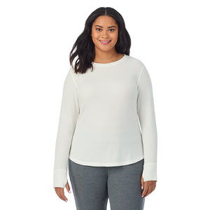 A lady wearing Cozy Stretch Thermal Long Sleeve Crew PLUS in Ivory  