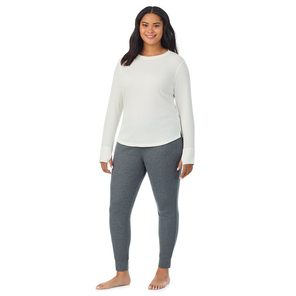 A lady wearing Cozy Stretch Thermal Long Sleeve Crew PLUS in Ivory back view back view