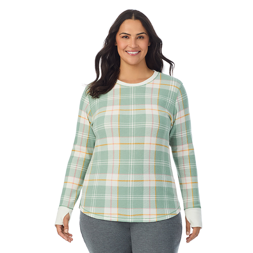  A Lady is wearing Green Plaid Cozy Stretch Thermal Long Sleeve Crew PLUS