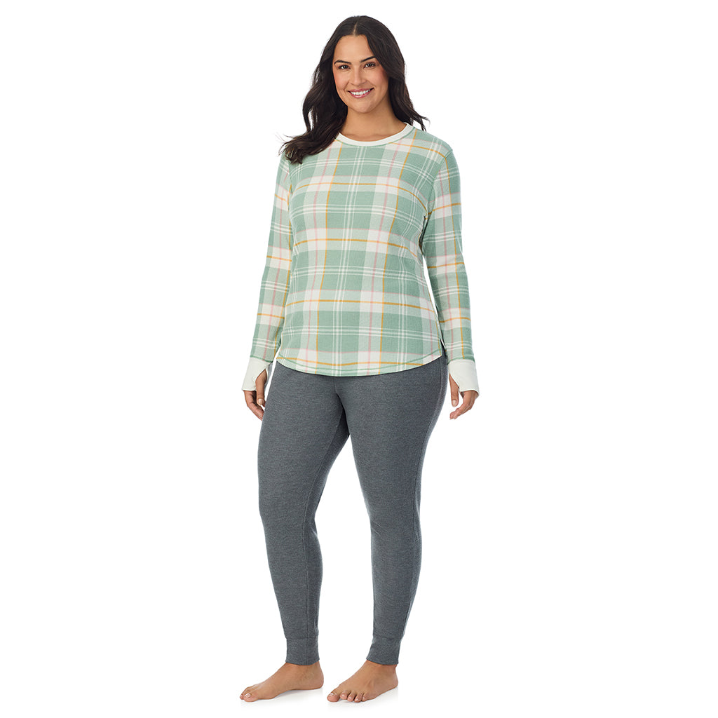  A Lady is wearing Green Plaid Cozy Stretch Thermal Long Sleeve Crew PLUS