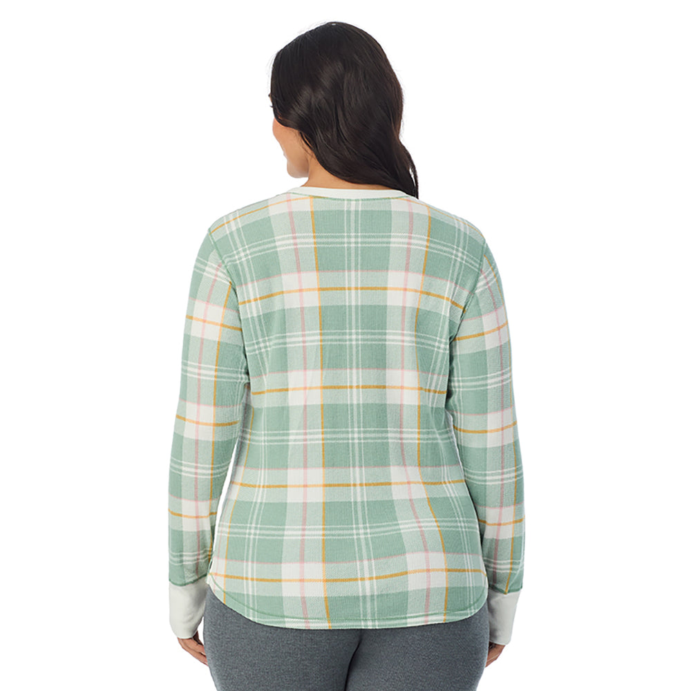A Lady is wearing Green Plaid Cozy Stretch Thermal Long Sleeve Crew PLUS