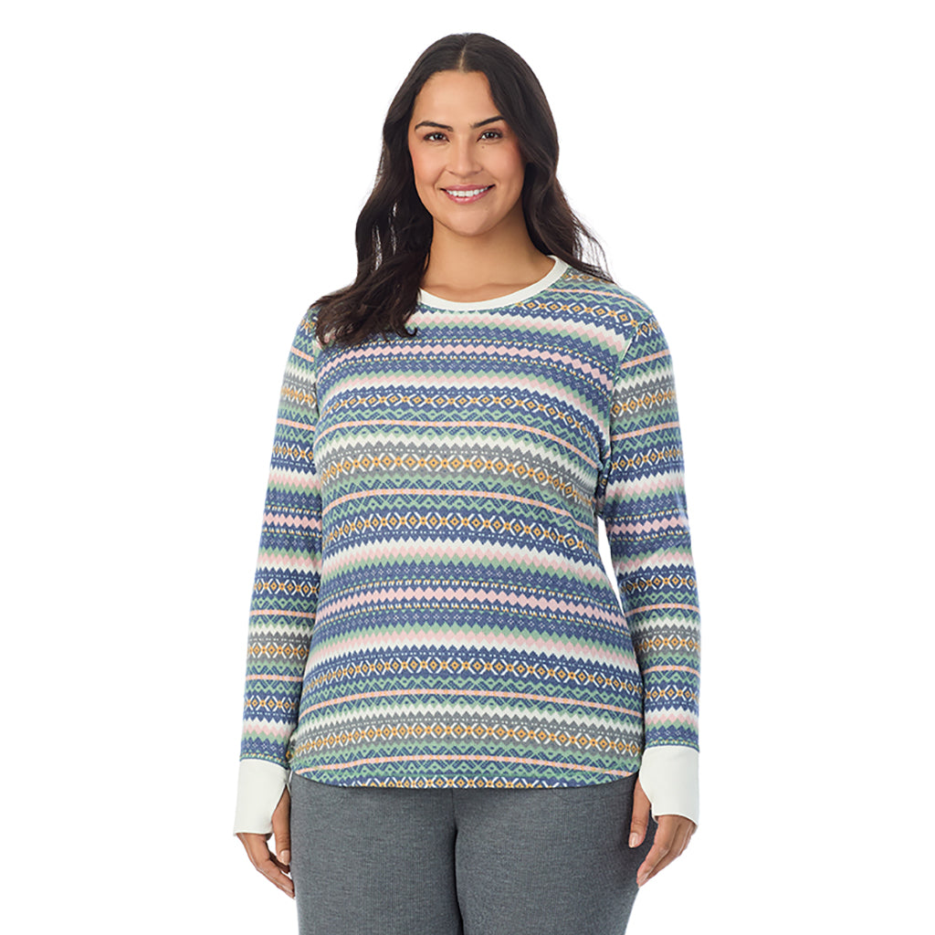 Green Fairisle; Model is wearing size 1X. She is 5'10", Bust 40", Waist 33", Hips 47"@ A Lady is wearing Green Fairisle Cozy Stretch Thermal Long Sleeve Crew PLUS