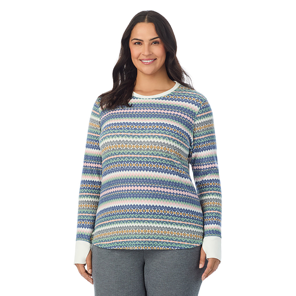 A Lady is wearing Green Fairisle Cozy Stretch Thermal Long Sleeve Crew PLUS