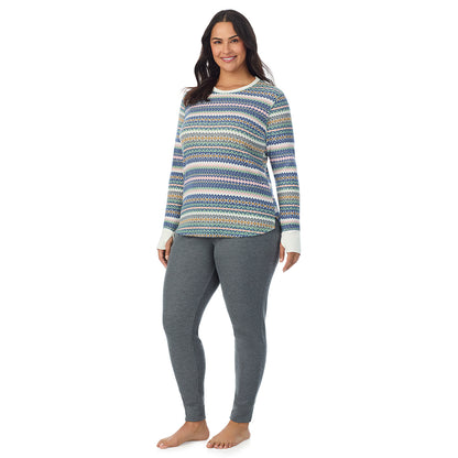 Green Fairisle; Model is wearing size 1X. She is 5'10", Bust 40", Waist 33", Hips 47"@ A Lady is wearing Green Fairisle Cozy Stretch Thermal Long Sleeve Crew PLUS