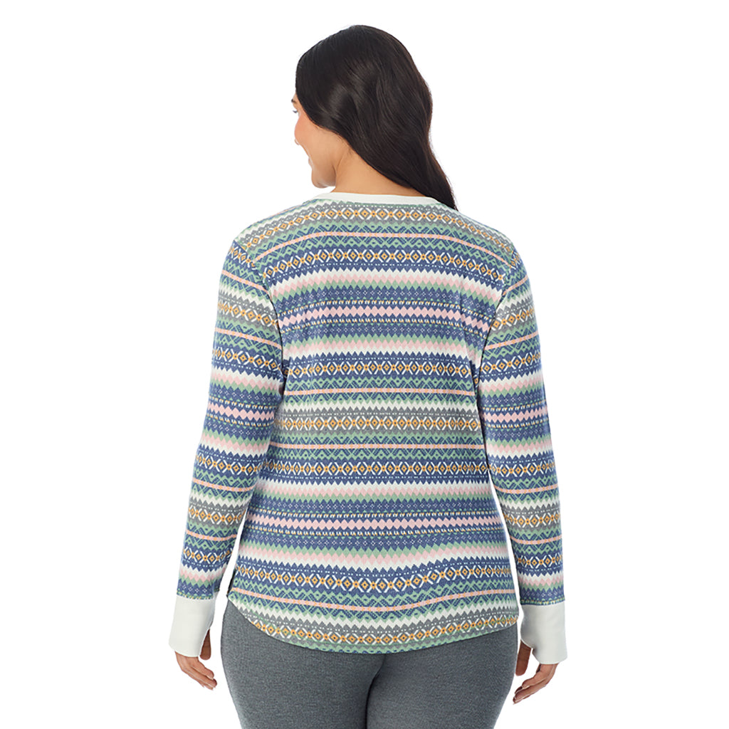 Green Fairisle; Model is wearing size 1X. She is 5'10", Bust 40", Waist 33", Hips 47"@ A Lady is wearing Green Fairisle Cozy Stretch Thermal Long Sleeve Crew PLUS