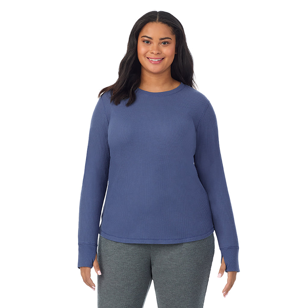  A Lady is wearing Smoke Blue Cozy Stretch Thermal Long Sleeve Crew PLUS